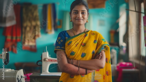 Confident Indian Woman Entrepreneur in Traditional Saree Posing in Her Tailoring Shop