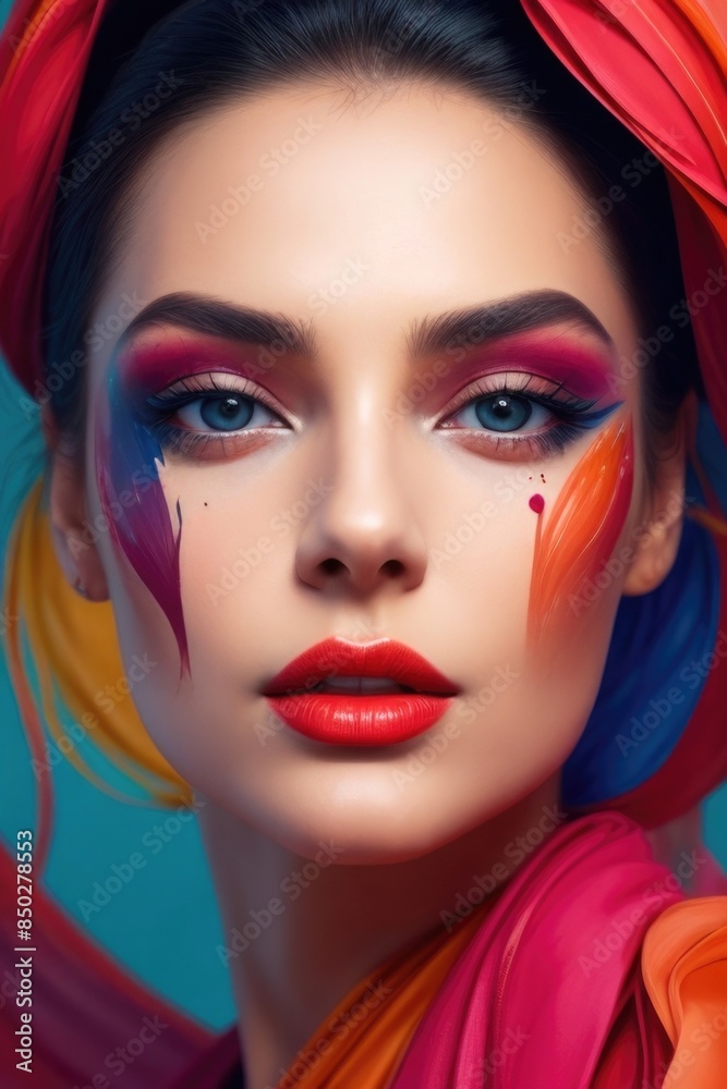 A woman with colorful makeup and a painted face A woman with colorful makeup and a painted face