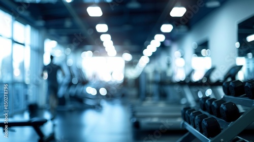 Defocused image of a bustling gym with silhouettes of figures working out in the background.