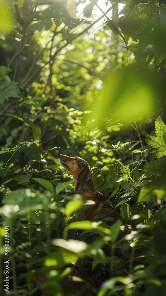 Curious Dachshund Sniffing Around Underbrush in Nature Wildlife Exploration Curious Dachshund Sniffing Around Underbrush in Nature Wildlife Exploration