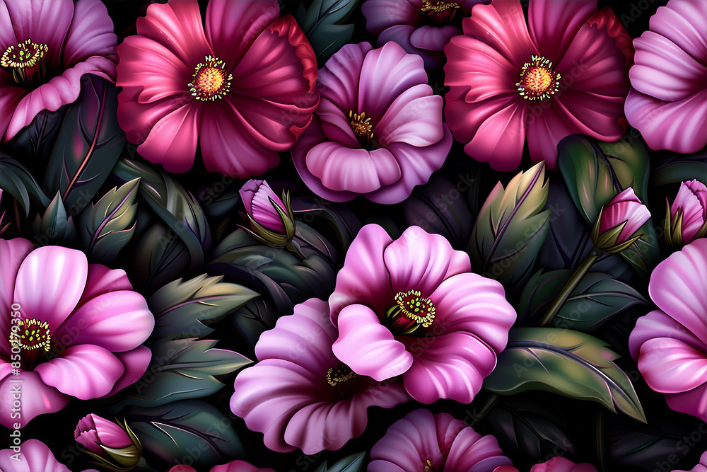 A close up of a bunch of pink flowers with green leaves. The flowers are arranged in a way that they look like they are growing out of the ground. Scene is one of beauty and serenity