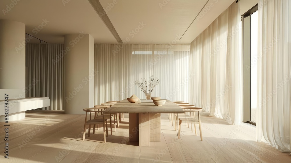 Fototapeta premium A minimalist dining area is designed with a simple table and chairs, emphasizing functionality and a clutterfree environment for meals