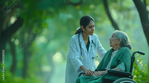 Indian Doctor Caring for Elderly Female Patient in Wheelchair Outdoors