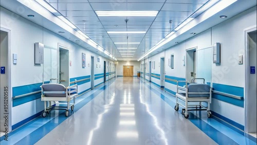 Quiet Corridors: Modern Hospital Interior with Empty Stretchers