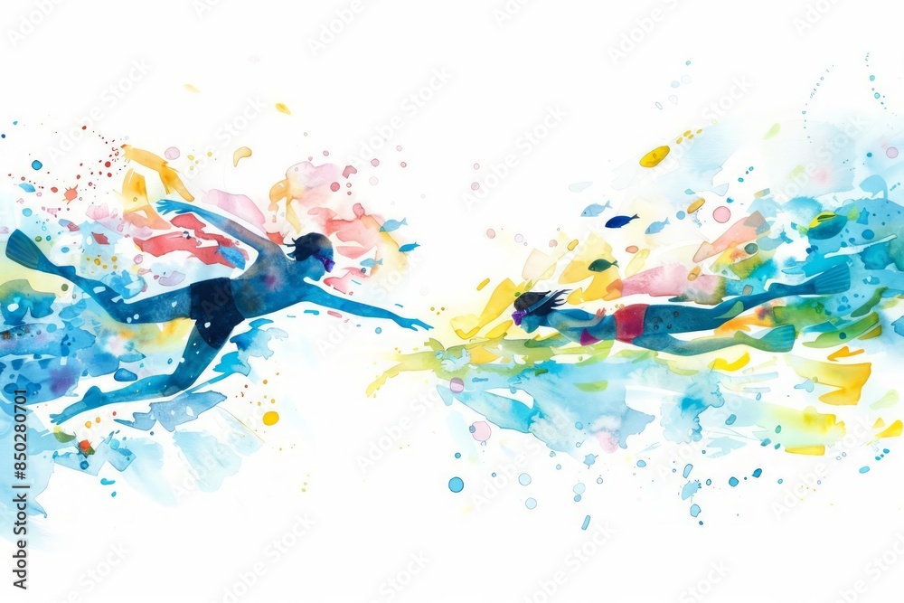 A playful swimming scene illustrated in bright watercolor on a white background A playful swimming scene illustrated in bright watercolor on a white background