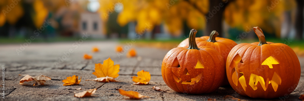 Pumpkins and autumn leaves, background, copy space. Pumpkins and autumn leaves, background, copy space.