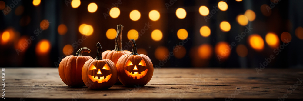 Fototapeta premium Halloween pumpkin background of bokeh lights, background, copy space.