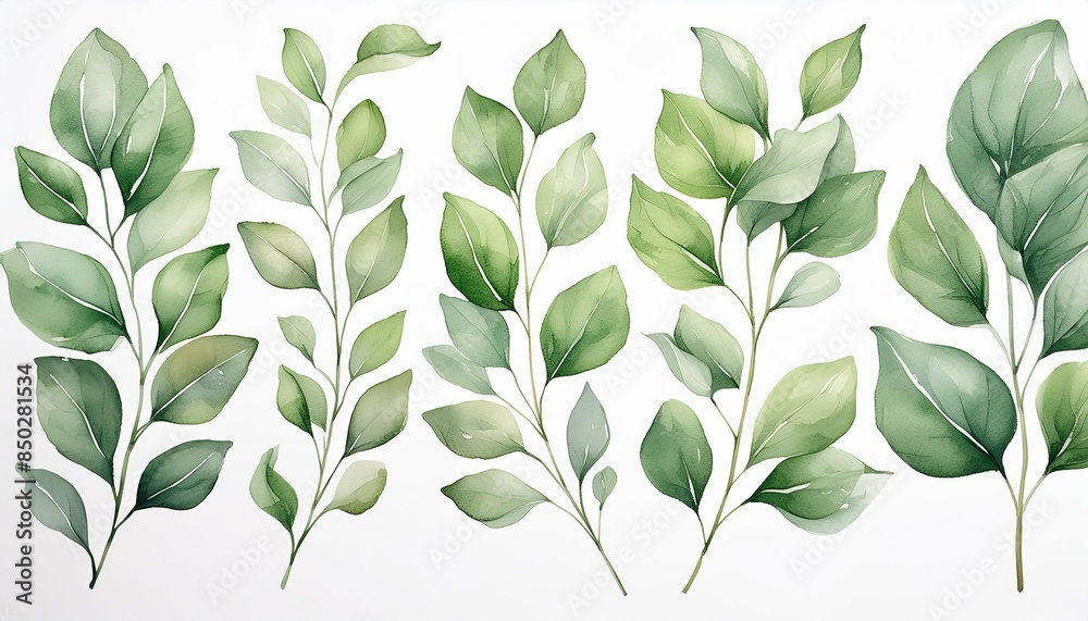 Fototapeta Beautiful watercolor illustration featuring a variety of green leaves in different shapes and sizes. The delicate brushstrokes and soft shades of green create a serene and natural aesthetic. 