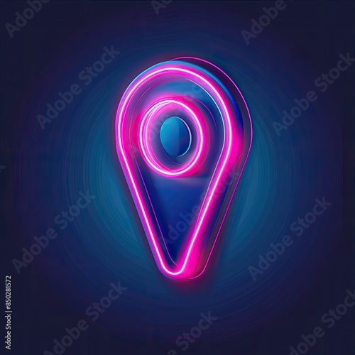 Neon map pin icon on the floor. Glowing neon marker sign, outline pointer pictogram in vivid color. Navigation mark, destination point, location marker, address place.