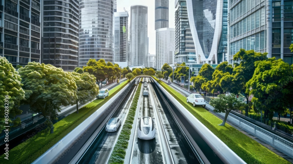 A vision of the future displays electric and hybrid vehicles navigating a city powered entirely by renewable energy sources A vision of the future displays electric and hybrid vehicles navigating a city powered entirely by renewable energy sources