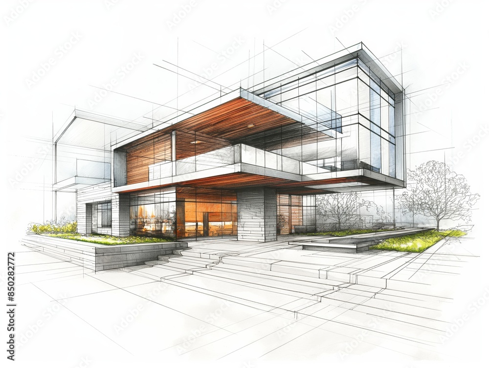 Architectural sketch of a modern building design showcasing innovative features, glass facade, and green landscaping. Architectural sketch of a modern building design showcasing innovative features, glass facade, and green landscaping.