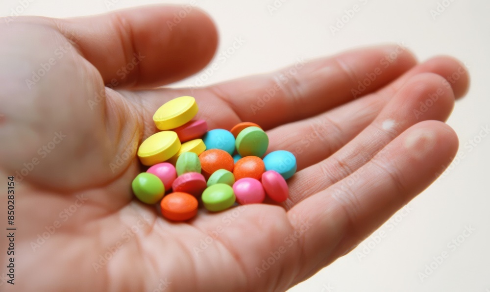 A hand holding a variety of vibrant, colorful pills against a neutral background A hand holding a variety of vibrant, colorful pills against a neutral background