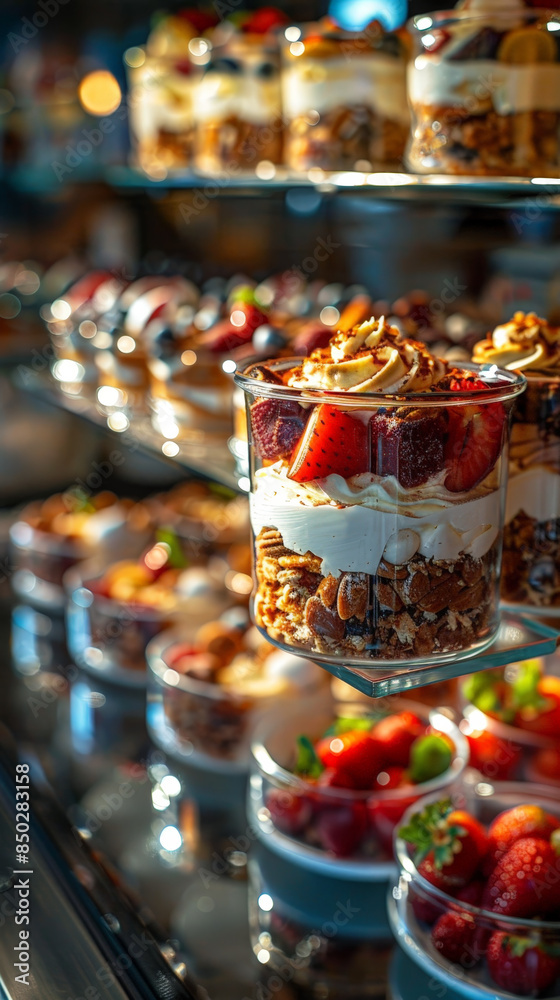 A colorful ice cream set rests on a table at a shop selling delicious sweet A colorful ice cream set rests on a table at a shop selling delicious sweet