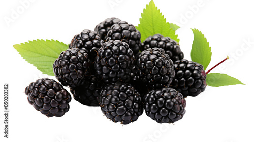 Fresh Ripe Blackberries With Green Leaves on White Background