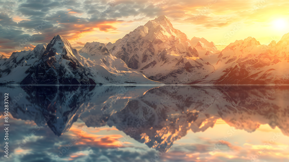 Obraz premium Breathtaking mountain range mirrored in a tranquil lake at sunset, showcasing vibrant colors and serene natural beauty.