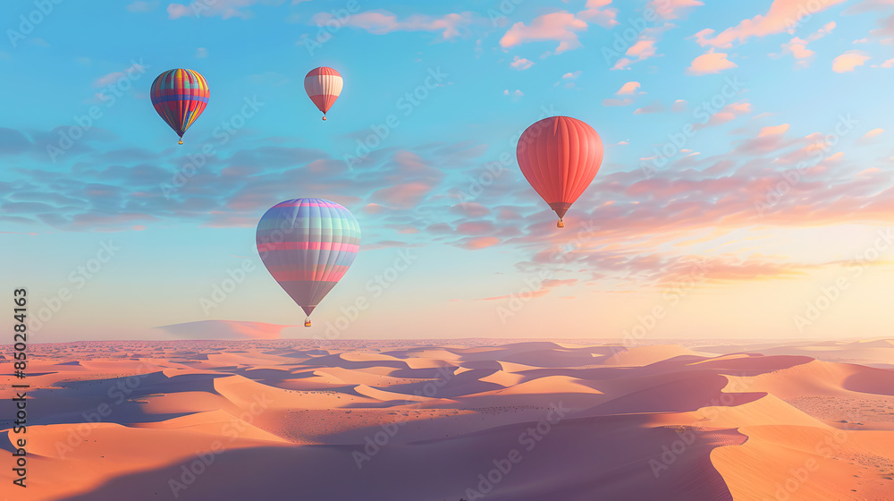 Fototapeta Scenic view of colorful hot air balloons floating over a vast desert landscape during a beautiful sunrise.