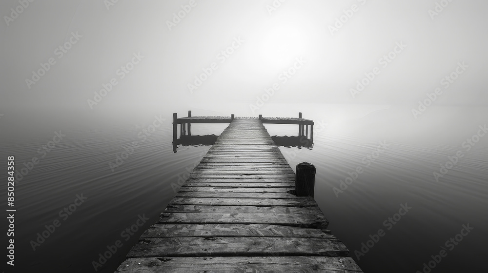 Fototapeta premium Foggy wooden pier stretches out towards the calm ocean at sunrise