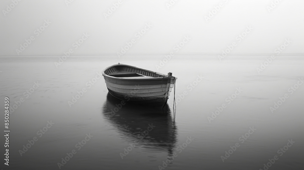 Naklejka premium Wooden rowboat on calm water, perfect for a summer day fishing trip on a lake or river