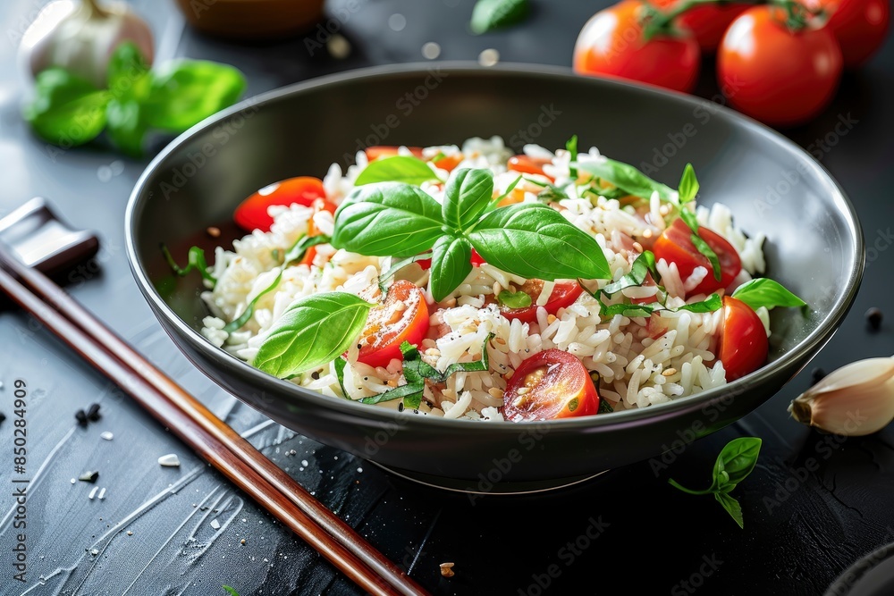 Black plate bowl of rice with tomato and basil and garlic and chopsticks on black background - generative ai Black plate bowl of rice with tomato and basil and garlic and chopsticks on black background - generative ai