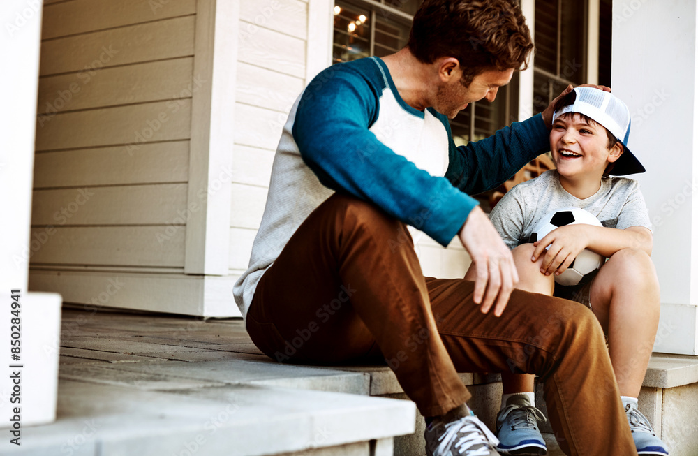 Happy, ball and father with child for playing soccer, sports game and home on weekend. Family, parenting and dad with young boy talking, in conversation and relax outdoors for bonding relationship Happy, ball and father with child for playing soccer, sports game and home on weekend. Family, parenting and dad with young boy talking, in conversation and relax outdoors for bonding relationship