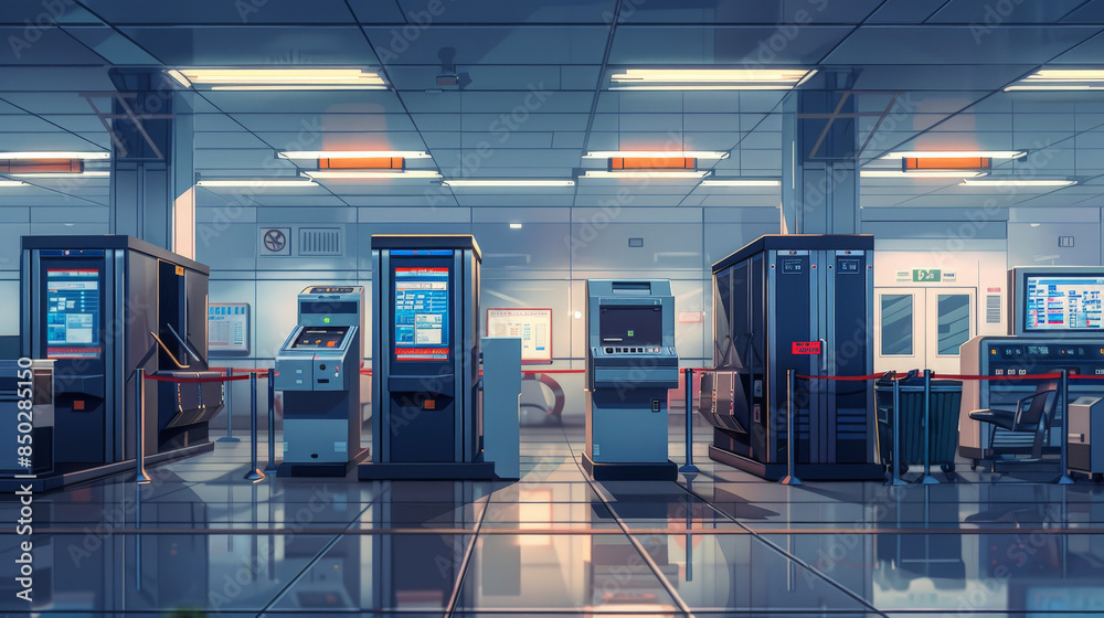 An airport security checkpoint with X-ray machine An airport security checkpoint with X-ray machine