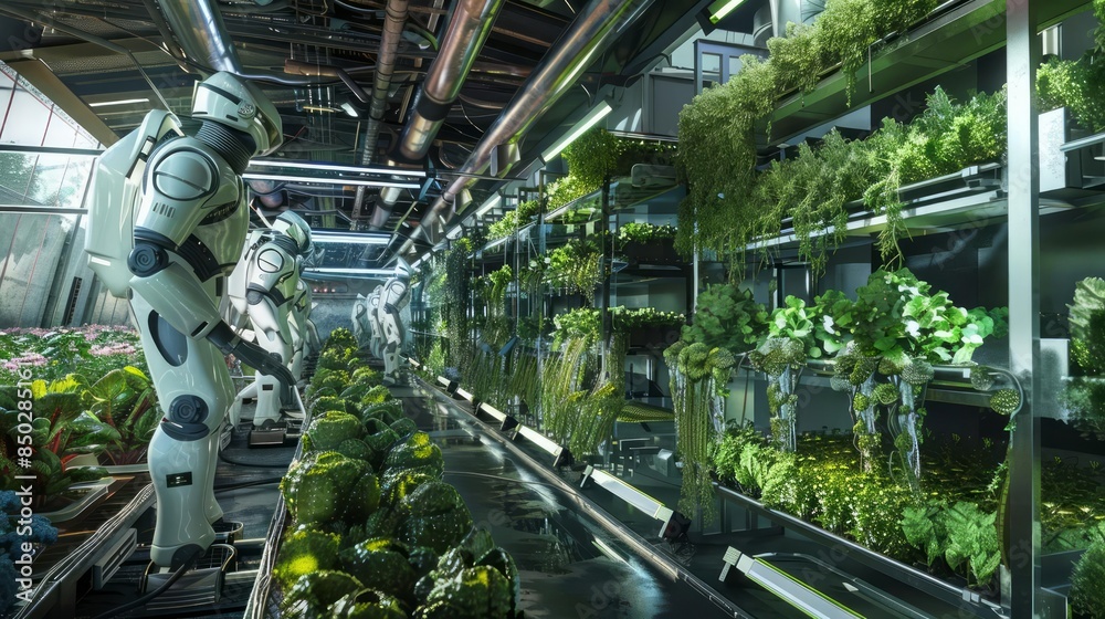 Concept art of an automated urban farm shows robotic arms tending to vertical hydroponic gardens, producing fresh food with minimal human intervention Concept art of an automated urban farm shows robotic arms tending to vertical hydroponic gardens, producing fresh food with minimal human intervention