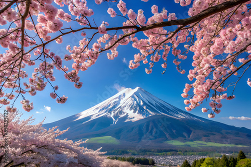 Mount Fuji against the backdrop of cherry blossoms