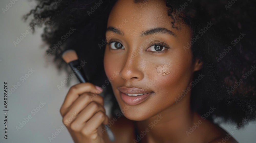 Obraz premium Beauty, product, foundation, shade, and glamour closeup of makeup, face, and woman in studio. Portrait, base, and skincare by joyful, smiling black woman passionate about contouring
