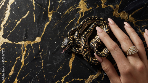 A woman's hand with a beautiful manicure and painted nails holds a snake on a dark background. Hand with a snake in beauty editorial style photo