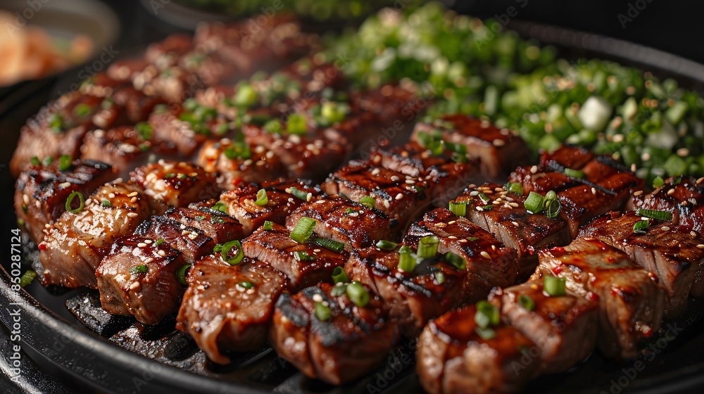 Grilled steak with green onions and sesame seeds