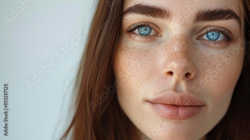 Female, face/skin Cybersecurity retina scan ideas for future AI, glow and blue eyes for vision. Zoom, portrait, or texture for eyebrows, eyelashes, or makeup.