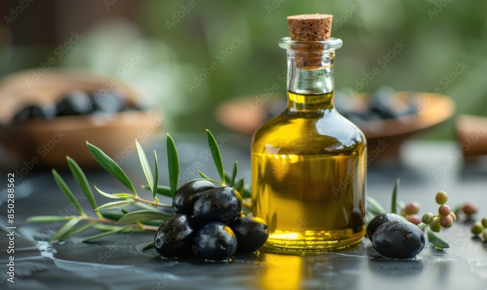Bottle of vegetable olive oil with green and black olives on a bright background, emphasizing freshness and premium culinary quality Bottle of vegetable olive oil with green and black olives on a bright background, emphasizing freshness and premium culinary quality