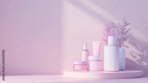 Elegant pastel exhibition of assorted cosmetic.