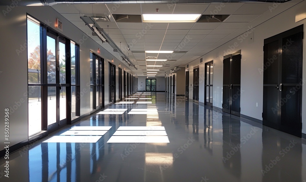 Spacious, bright corridor-hall with a row of doors and large windows Spacious, bright corridor-hall with a row of doors and large windows