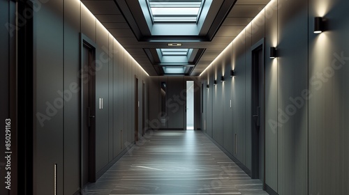 A sleek hallway with hidden doors, recessed lighting, and a long, narrow skylight running the length of the corridor.