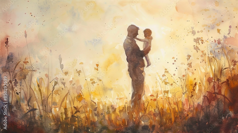 Watercolor painting of a father holding hands with his child, walking through a meadow at sunset, soft and detailed Watercolor painting of a father holding hands with his child, walking through a meadow at sunset, soft and detailed