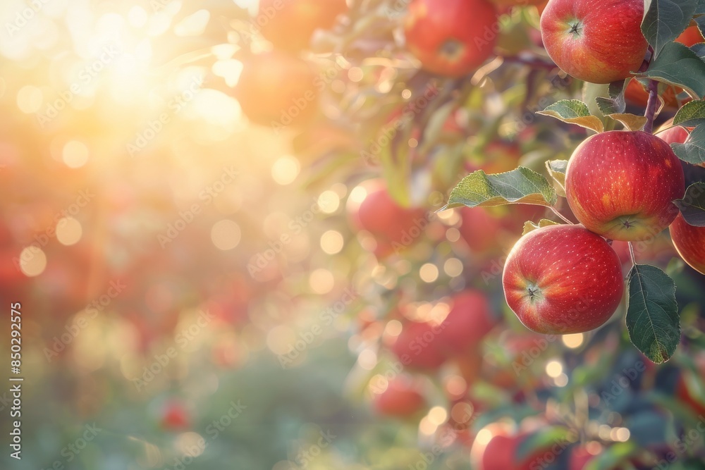 Red Apples Ripening in the Sunlight on a Tree Branch Red Apples Ripening in the Sunlight on a Tree Branch