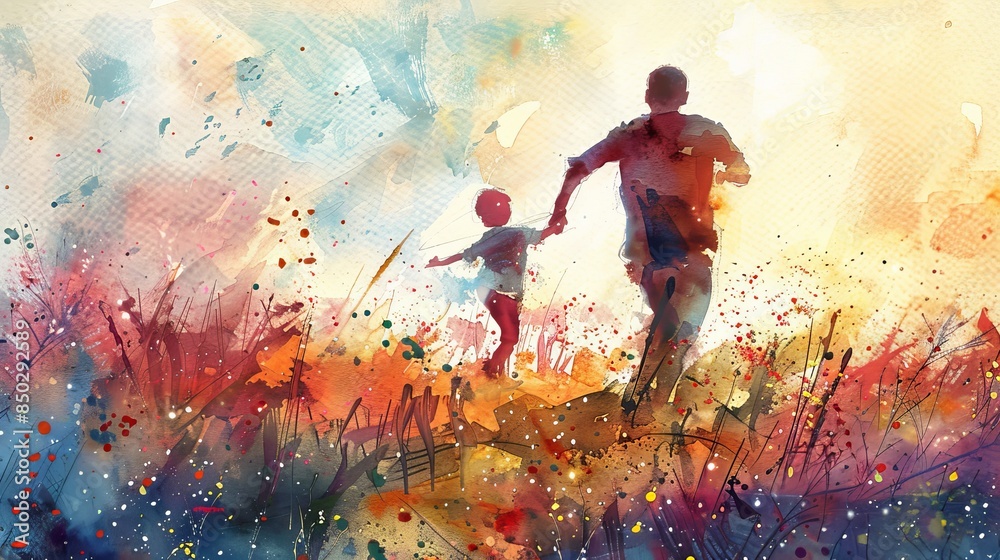 Fototapeta premium Watercolor scene of a father and child running through a meadow, sunset in the background, vivid and expressive colors