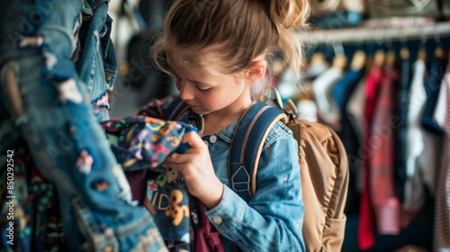 Little girl looking at clothes on a rack in a second-hand store.