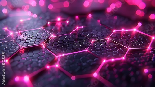 An abstract background with hexagons connected by thin lines, shades of pink and purple, hd quality, digital rendering, high contrast, geometric design, modern aesthetic, artistic abstraction.