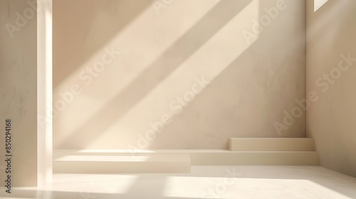 Empty Studio 3d exhibition background  pastel creamy beige stage with soft natural abstract diagonal window light and shadows Minimal architectural scene for product mock up Front view : Generative AI © The Little Hut