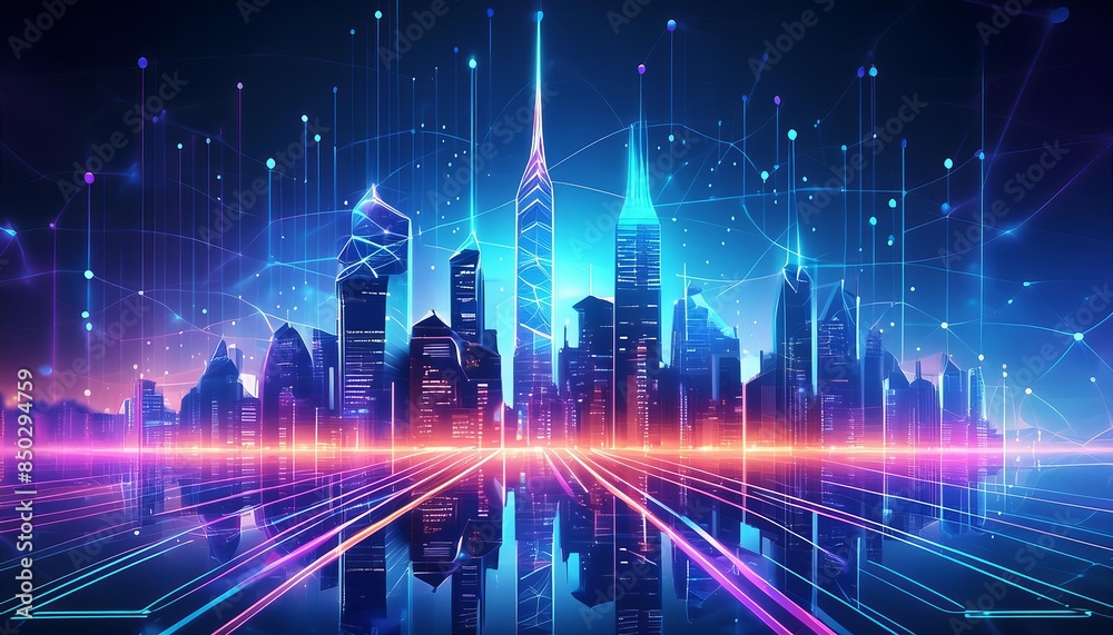 A vibrant cyberpunk cityscape illuminated by neon lights in various colors, featuring towering skyscrapers and digital elements. A vibrant cyberpunk cityscape illuminated by neon lights in various colors, featuring towering skyscrapers and digital elements.