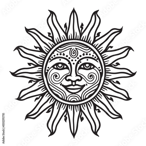 Simple flat ethnic sun icon, black vector illustration on white background