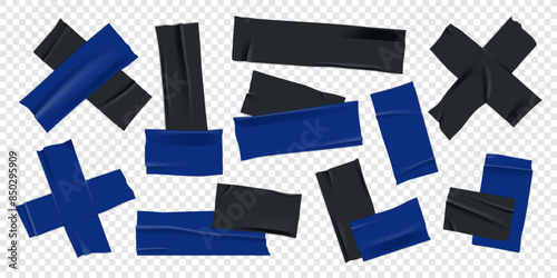 Vector set of 3D realistic black and blue adhesive tape. Torn pieces of masking tape isolated on transparent background. PNG duct tape.