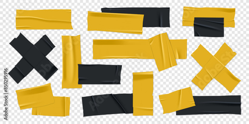 Vector set of 3D realistic black and yellow adhesive tape. Torn pieces of masking tape isolated on transparent background. PNG duct tape.