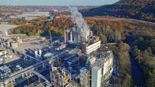 Drone Aerial cinematic footage of a Chemical fertilizer plant producing chemicals for the agricultural industry. photo