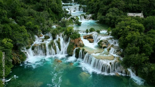 Discover the enchanting beauty of Skradinski Buk waterfall with this high-definition aerial video filmed in Krka National Park
