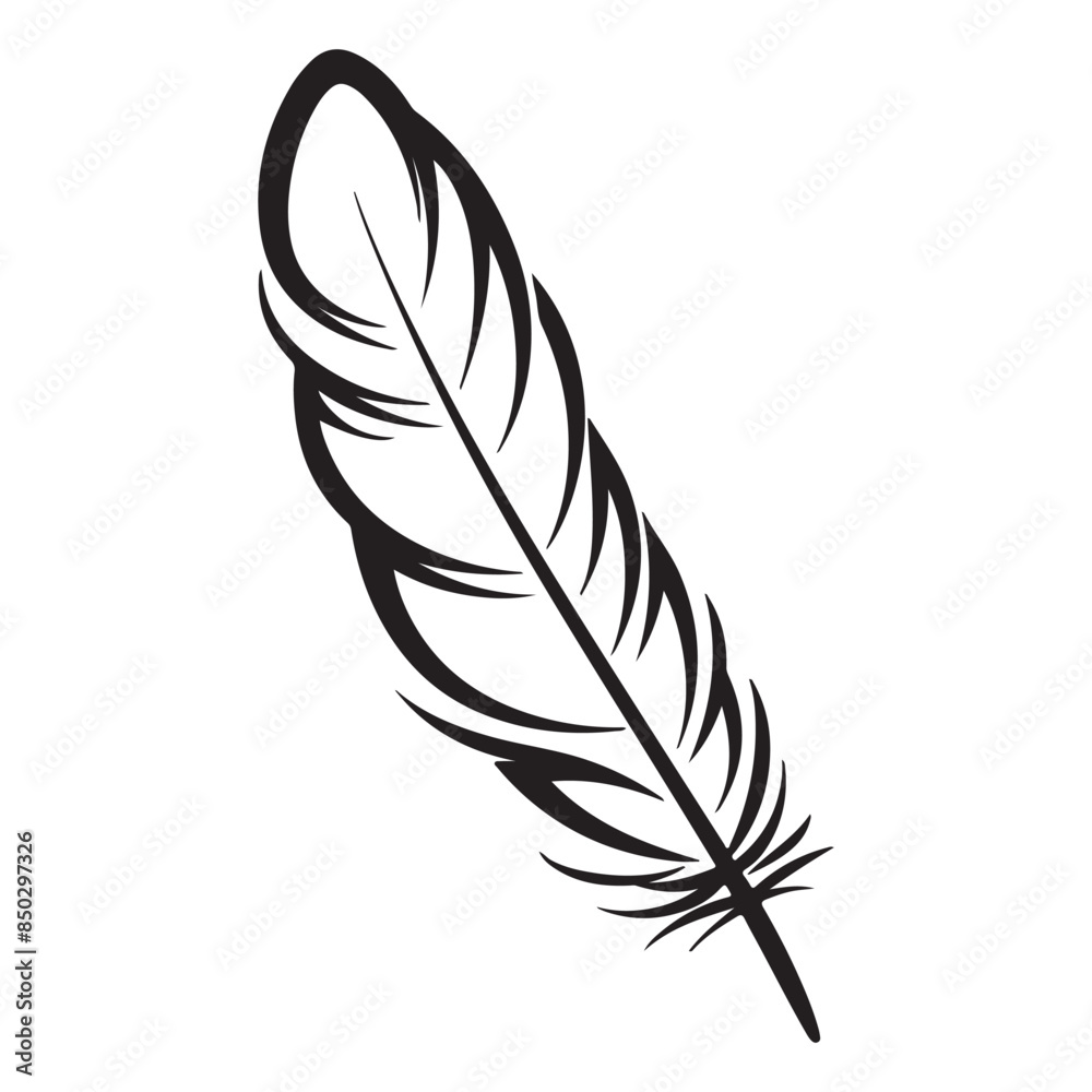 Fototapeta premium Simple flat feather doodle symbol, black vector illustration on white background