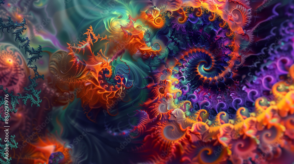 Fractal patterns full of bright, energetic colors. Its dynamic and abstract composition brings depth and artistic character to the space. Fractal patterns full of bright, energetic colors. Its dynamic and abstract composition brings depth and artistic character to the space.
