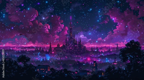 A purple and pink castle with a purple sky and stars in the background. The castle is lit up and surrounded by trees and buildings. © Gayan